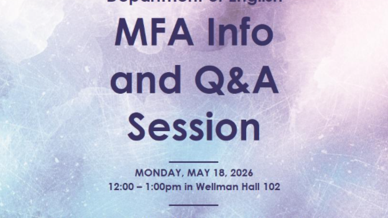 Purple-blue watercolor flyer: Department of English MFA info and Q&amp;A session.
