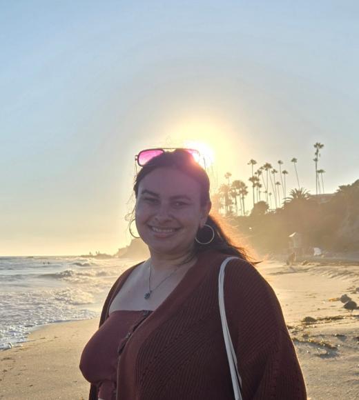 A woman on a beach at sunset 